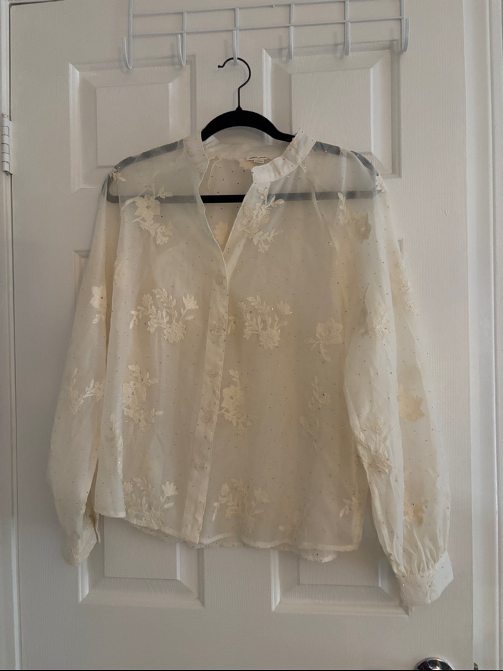 Ultra Pink Sheer Cream Floral Embroidered Blouse